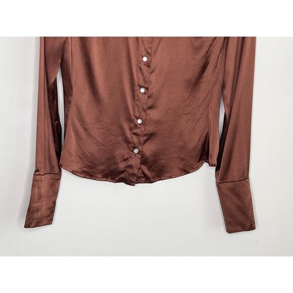 Cache Y2K Silk Long Sleeve Collared Pearl Snap Satin Button-Up Shirt Brown Small - Picture 4 of 8
